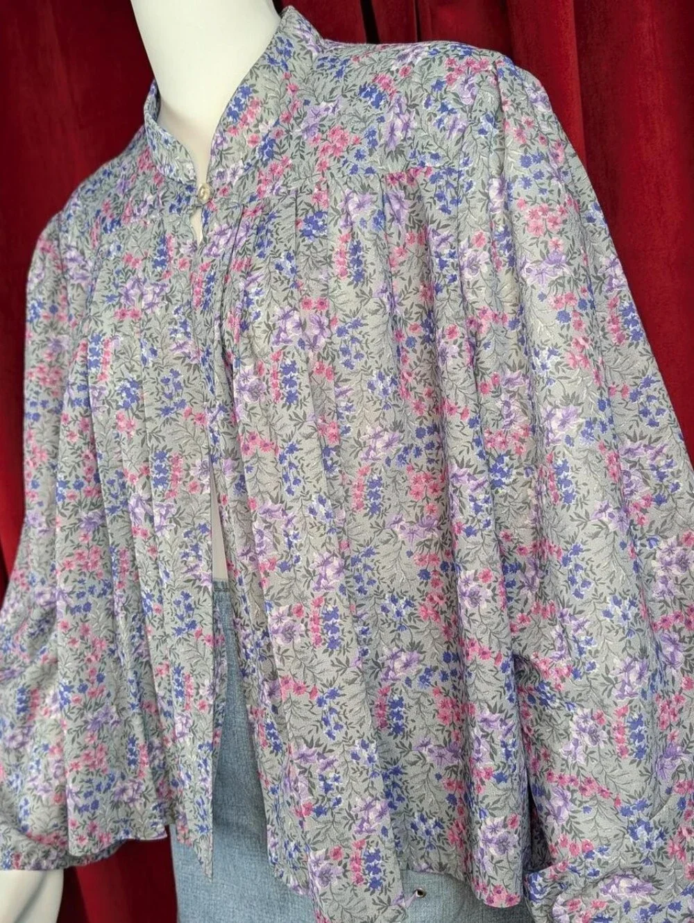 Vintage Gray, Purple, Pink, & Blue Floral Long Sleeve Open Front Cardigan